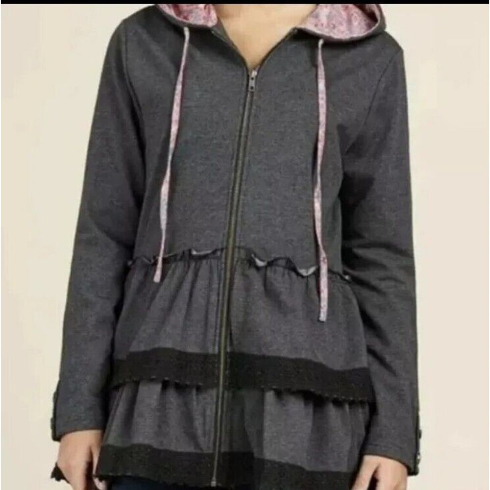 🌸Women's Sz S MATILDA JANE Gray Wise & Wonderful Ruffle Full Zip Hoodie Jacket.